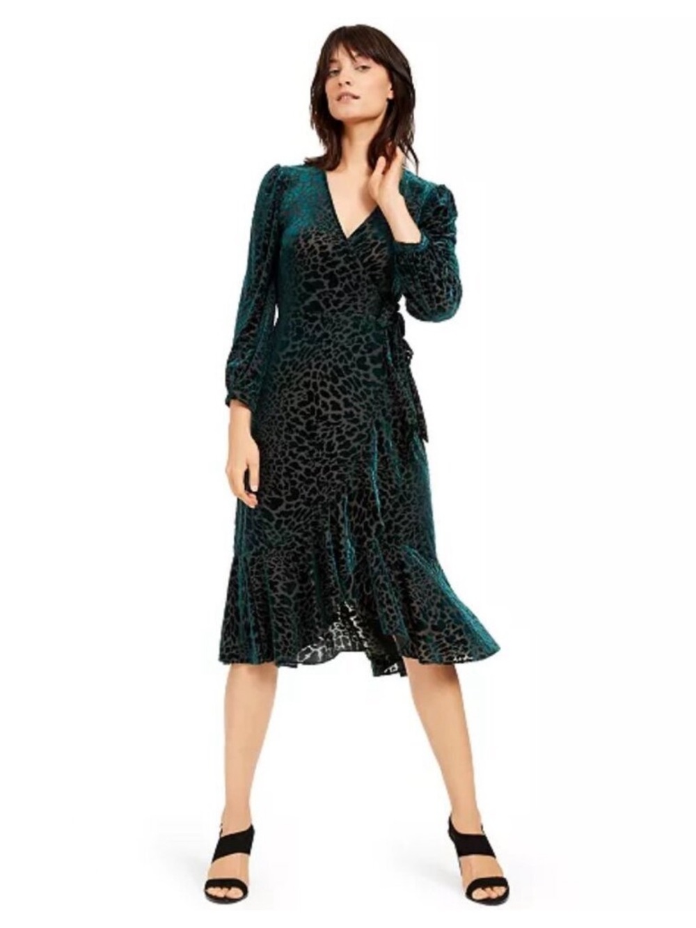 Calvin Klein Burnout Velvet Animal-Print Faux Wrap Midi Dress Green Flutter Hem